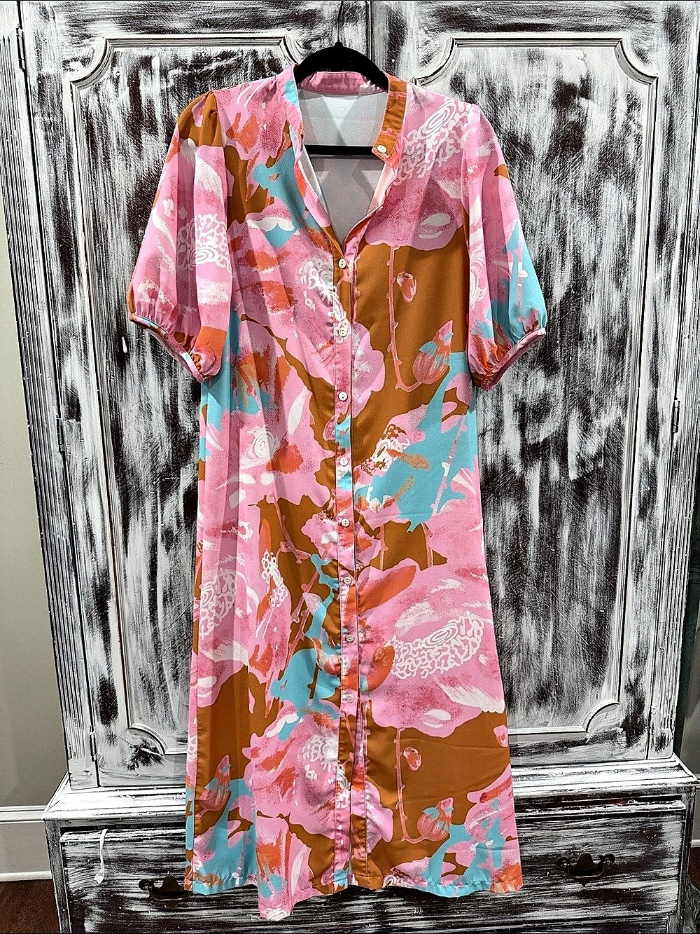 Blue & Pink Floral V-Neck Puff Sleeve Maxi Dress Size Small